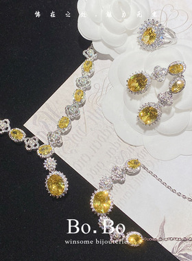 宫廷法式阿斯切金黄钻戒指女高级富贵方糖彩宝石耳环套装闪耀项链
