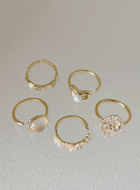 法式复古轻奢高级感贝壳花朵戒指女金属猫眼石指环珍珠爱心食指戒