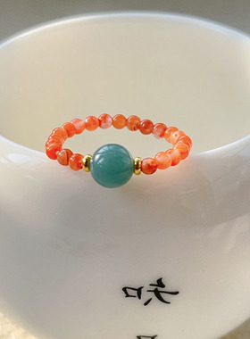 显白天然南红玛瑙小米珠串珠戒指女小众设计粉红色宝石弹力食指戒