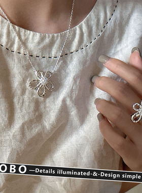 s925纯银拉丝立体花朵项链女韩系清冷感精致高级感锁骨链颈链配饰