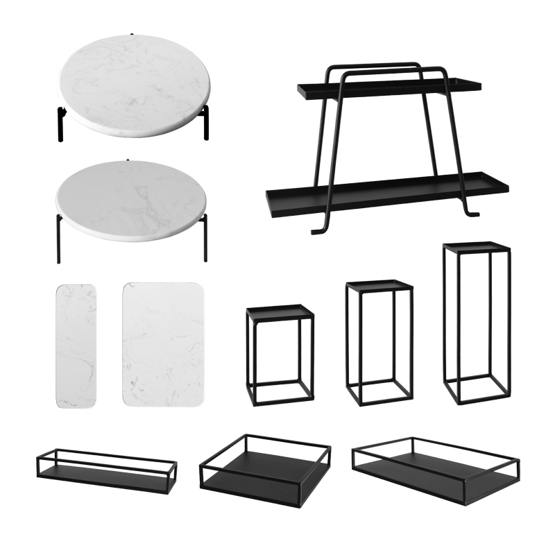 冷餐会套装摆台茶歇甜品台摆件黑色铁艺大理石托盘下午茶展示架子