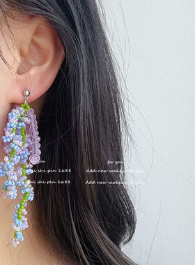 月露花藤彩色串珠耳钉女银针长款