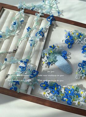 蓝色月光手工串珠花朵撞色项链