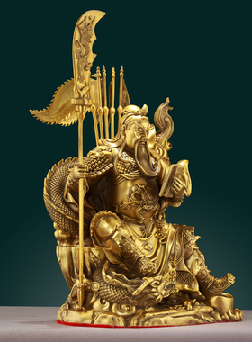 纯黄铜看书关公摆件客厅办公室九龙关公铜像武财神像供奉神像大号