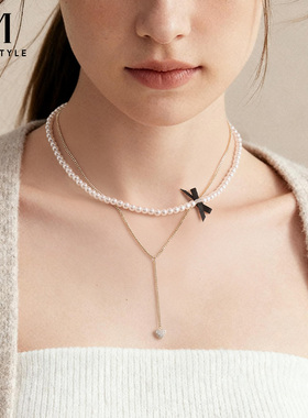 双层叠戴蝴蝶结仿珍珠项链女