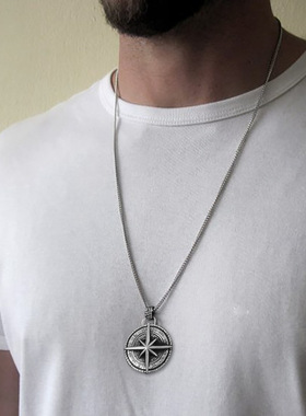 罗盘星座钛钢蛇骨链男吊坠项链
