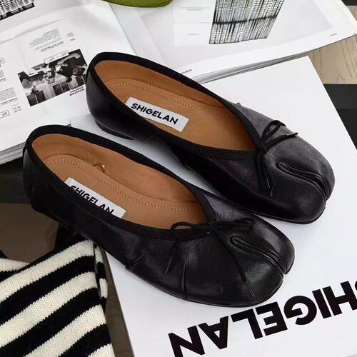 诗歌兰女鞋2026年春新款真皮蝴蝶结芭蕾舞鞋女一脚蹬平底分趾单鞋 - 图3