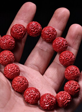 旧藏清代帝王红朱砂雕刻祥云手链配老刺绣盒手串收藏