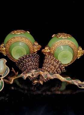 古玩旧藏夜光瓶一对铜如意一套纯手工雕刻家居装饰摆件工艺礼品