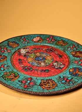 古董文玩尼泊尔回流纯铜手工镶嵌宝石吉祥八宝佛盘挂画装饰老物件