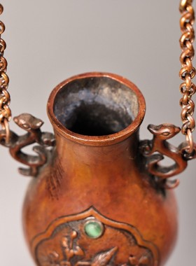 古董文玩纯铜镶嵌宝石悬吊花瓶家用办公桌面摆件复古老物件