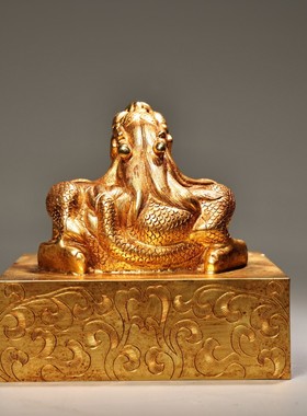 古玩纯铜鎏金麒麟瑞兽印章摆件宫藏回流金器实心铜玉玺大印收藏品