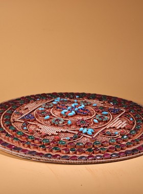 尼泊尔老藏银纯手工打造镶嵌宝石十字多杰坛城唐卡挂件可挂墙30cm