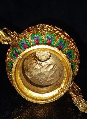 古玩锦盒内装铜胎镶嵌宝石珐琅彩香炉客厅书房书桌摆件老货收藏