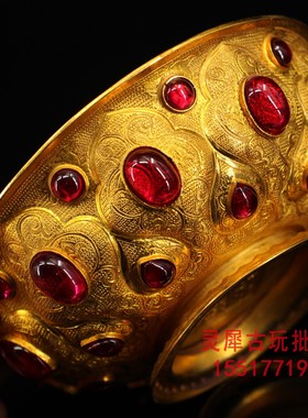 古玩旧藏珍藏收清代宫廷皇家镶嵌宝石鎏金碗家用摆件收藏