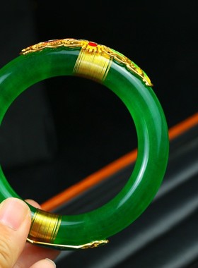 珍藏高冰帝王绿翡翠色独龙玉圆条掐丝镶嵌宝石手镯一对