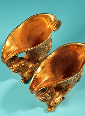 古玩纯铜鎏金三足瑞兽酒樽爵角杯古代酒杯水杯茶道茶艺装饰摆件