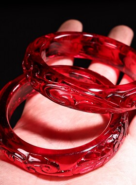 古玩旧藏收藏纯手工雕刻红宝石手镯古董古玩老货家居装饰摆件