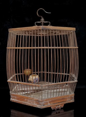 古玩古董乌木黄花梨木六角双底抽屉金青鹦鹉麻料鸟笼收藏品