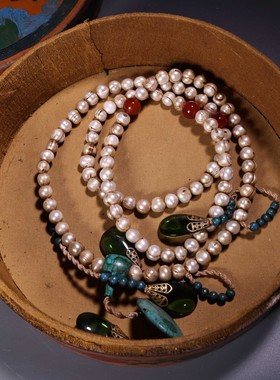 旧藏明清宫漆器盒装珍珠老朝珠多宝108颗佛珠念珠朝珠项链颈饰