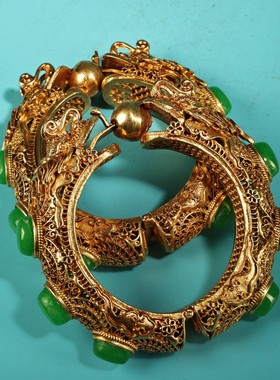 文玩珍品旧藏收高浮雕錾刻花丝工艺镂空镶嵌宝石龙头手镯一对手环