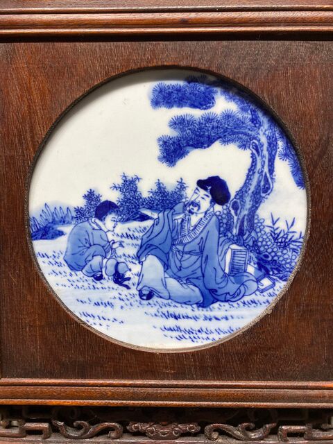 Antique collection mahogany inlaid blue and white porcelain plate painting piano chess calligraphy and painting character hanging screen solid wood carving hollow rosewood