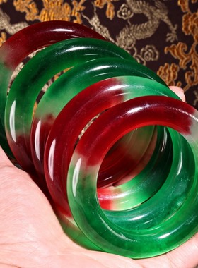 缅甸老坑料高冰种老翡翠玉手镯女双色带春彩翠玉镯子配老漆器盒装