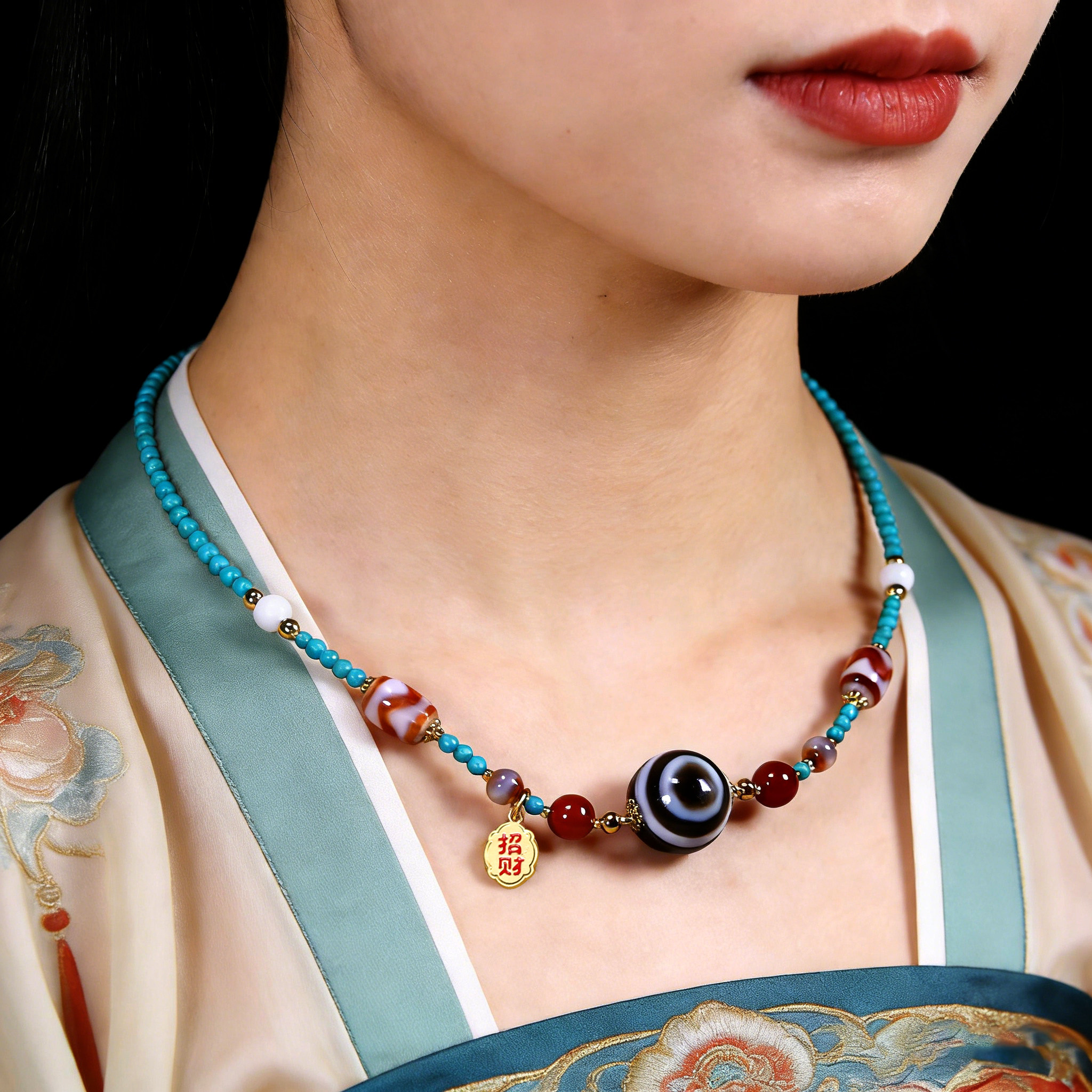 圣饰奇缘 天然黑白羊板眼珠手工编织菱镁矿绿松石高级民族风项链,淘宝优惠券,粉丝福利购,淘宝优惠卷