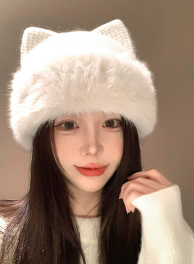 日系猫耳朵针织帽子女士冬季加厚