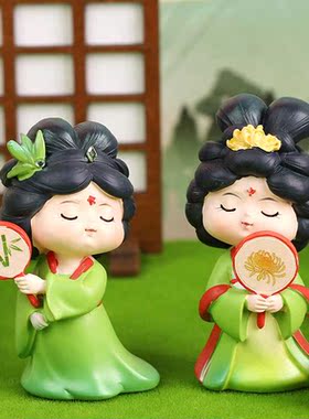 国潮唐宫夜梦树脂摆件创意古风女孩车载汽车中控台装饰品汉服娃娃