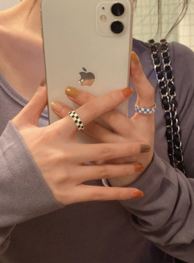 克莱因蓝色棋盘格子滴釉戒指女小众设计感开口戒可调节指环2021年