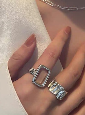 炸街金属复古不规则几何镂空开口戒指女韩国连绵小众指环跑量