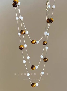 美拉德虎眼石珍珠多层项链