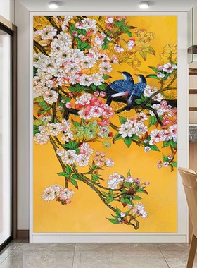 红梅报喜水墨画喜结良缘花鸟风水挂画好运连连寓意图玄关竖版贴画