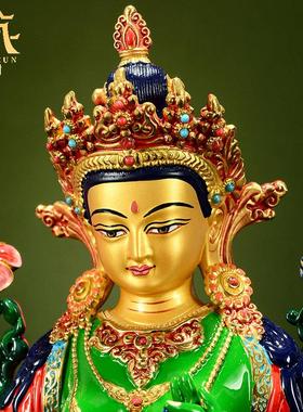 藏村绿度母铜像家用台湾铜像手工彩绘佛事用品铜器随身佛度母摆件