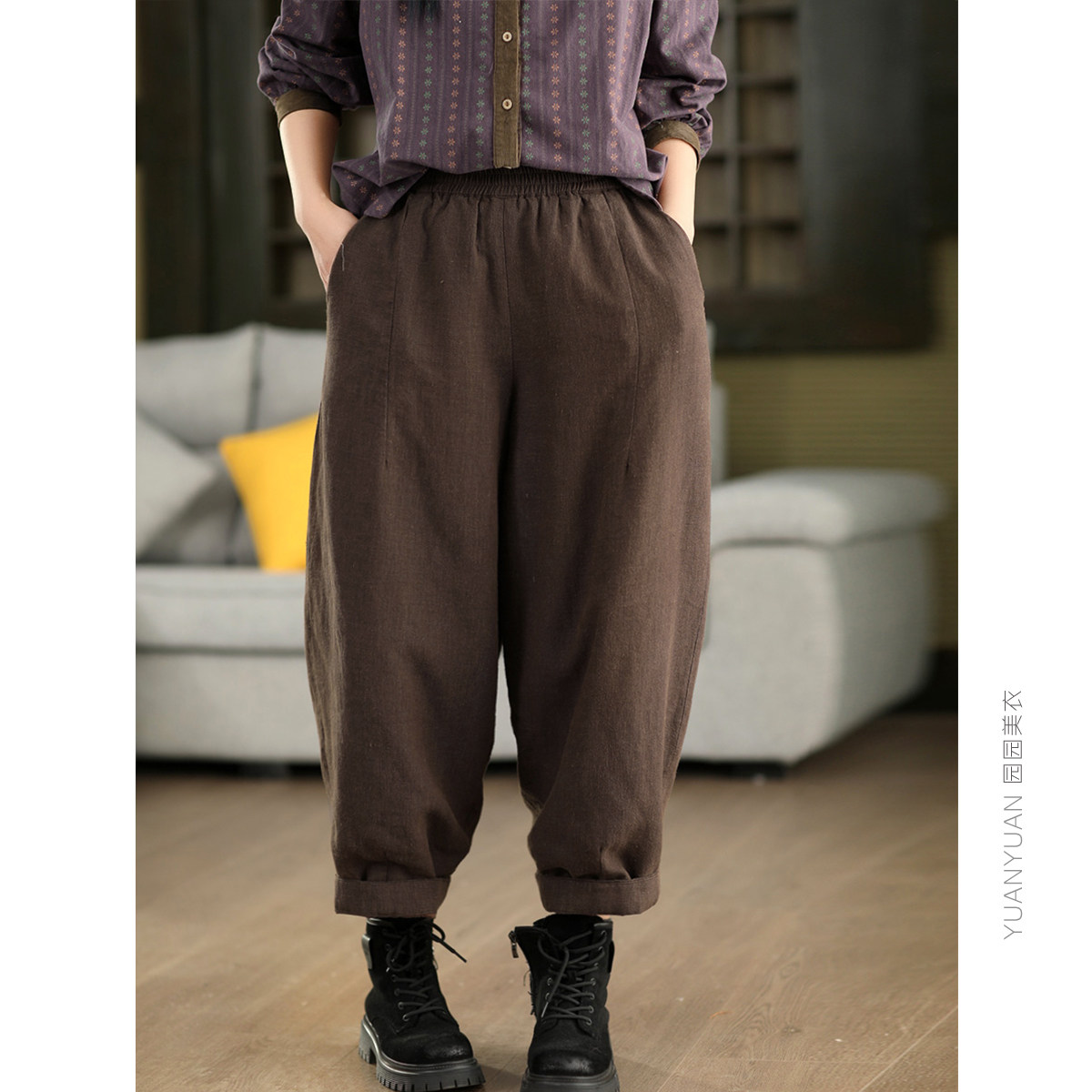 园园美衣冬季复古砂洗100%苎麻夹棉棉裤女哈伦裤加厚保暖麻裤长裤,淘宝优惠券,粉丝福利购,淘宝优惠卷