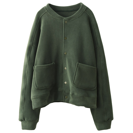 园园美衣秋冬加厚卫衣外套女双面奥利绒外搭圆领单排扣开衫上衣