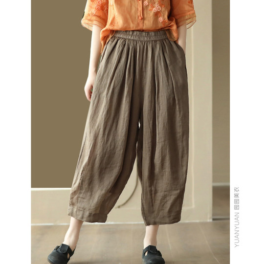 新款复古炒色苎麻灯笼裤女全棉内衬砂洗哈伦裤薄款显瘦宽松麻裤