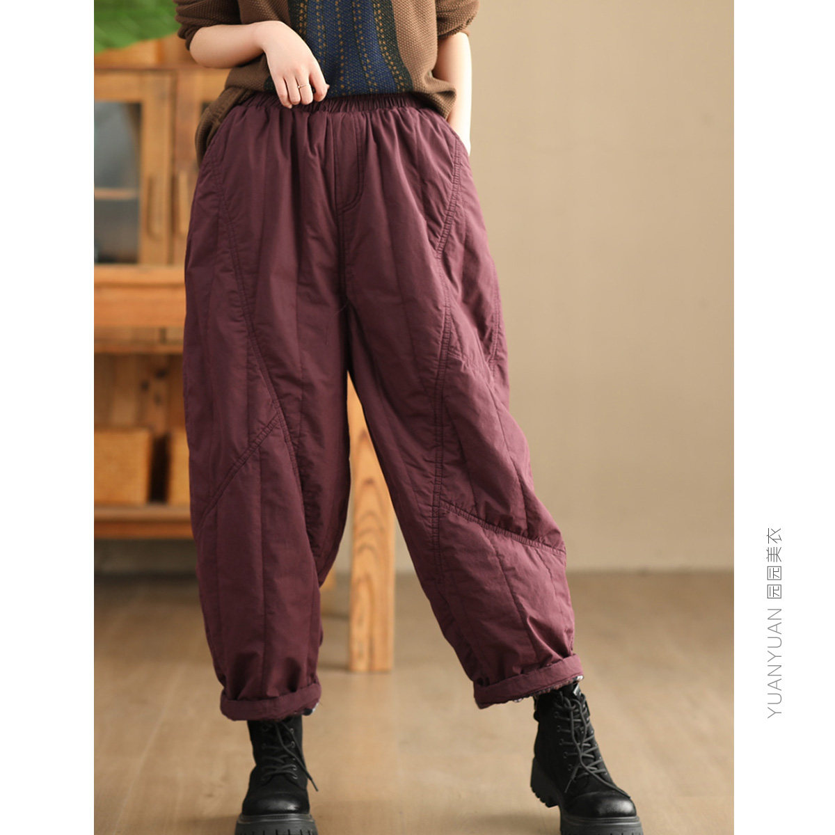 园园美衣冬季高支新疆棉加厚夹棉棉裤女松紧腰内里格纹保暖哈伦裤,淘宝优惠券,粉丝福利购,淘宝优惠卷