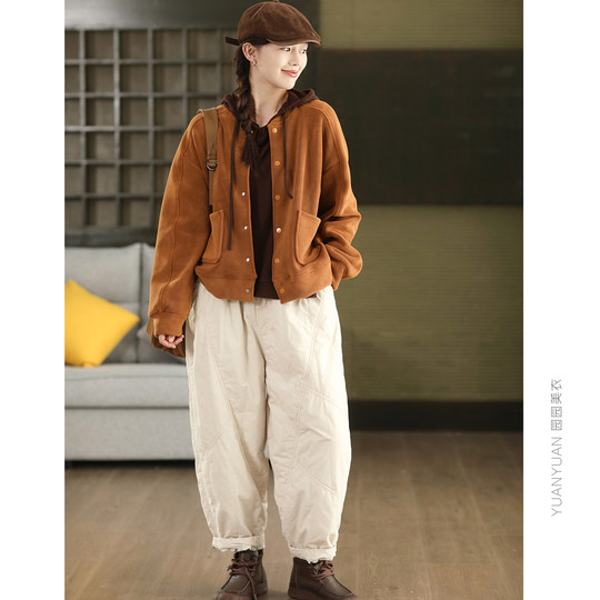 园园美衣秋冬加厚卫衣外套女双面奥利绒外搭圆领单排扣开衫上衣