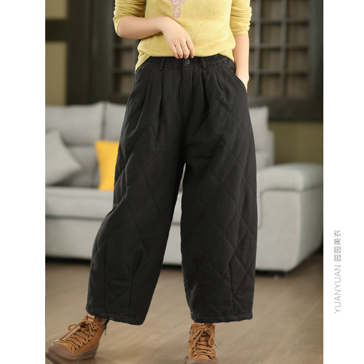 园园美衣秋冬砂洗100%亚麻夹棉棉裤重工菱格加厚棉裤保暖九分裤,淘宝优惠券,粉丝福利购,淘宝优惠卷