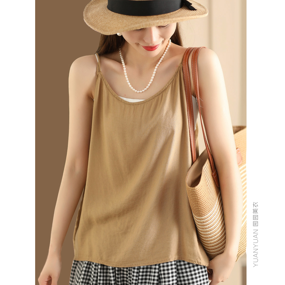 园园美衣前后两穿亚麻吊带打底衫女纯色百搭内搭外穿细肩带上衣夏 - 图0