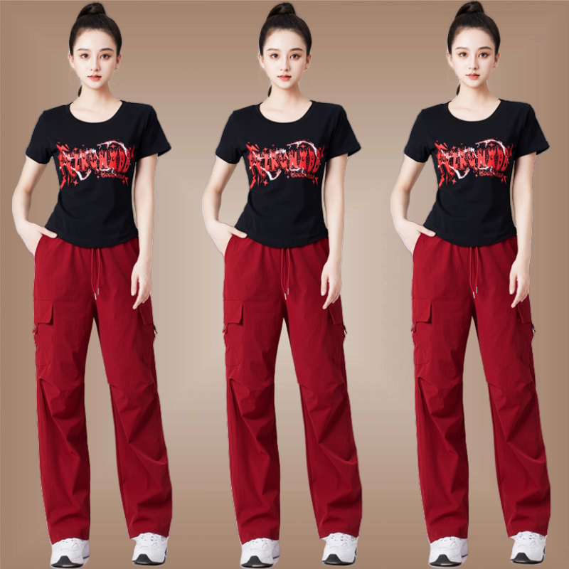 广场舞服装新款跳舞圆领上衣t恤运动套装健身操速干工装裤演出服,淘宝优惠券,粉丝福利购,淘宝优惠卷