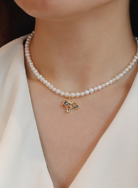 天然淡水珍珠项链轻奢重工超闪彩色小马锆石项链高级感气质锁骨链