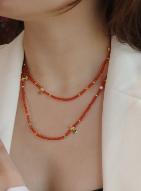 新中式多层叠戴彩色颈链天然玛瑙虎眼石项链春夏少女ins风高级感