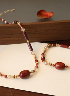 天然石项链红石轻奢小众串珠复古高级感秋冬毛衣链锁骨链女手链