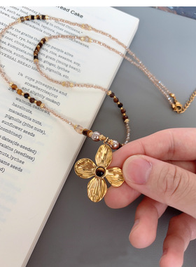 虎眼石珍珠美拉德花串珠长款项链