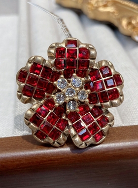 中古vintage饰品轻奢复古花朵立体气质夸张镶红宝石花朵高档戒指