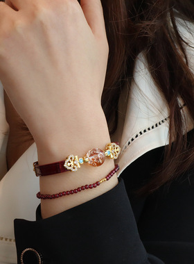 新中式国风18K金电镀手表天然水晶珠手饰品皮绳手镯直播爆款手链