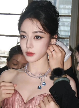 热巴同款蝴蝶结海蓝宝双层珍珠项链女宴会高定皇家蓝锆石水滴耳环